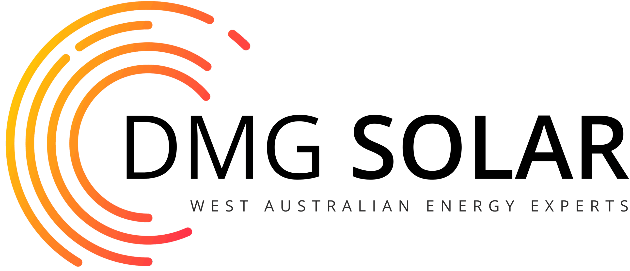 Logo for DMG Solar, featuring orange and red curved lines forming a semicircle on the left. The text reads DMG SOLAR with WEST AUSTRALIAN ENERGY EXPERTS in smaller letters below.