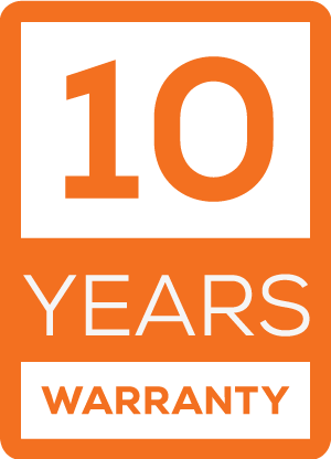 Orange and white graphic with bold text reading 10 Years Warranty, highlighting a decade of cover from Perth Solar and Batteries.