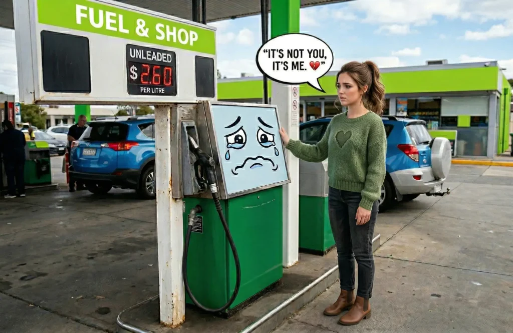 A woman at a fuel bowser breaking up with it because it's prices are too high