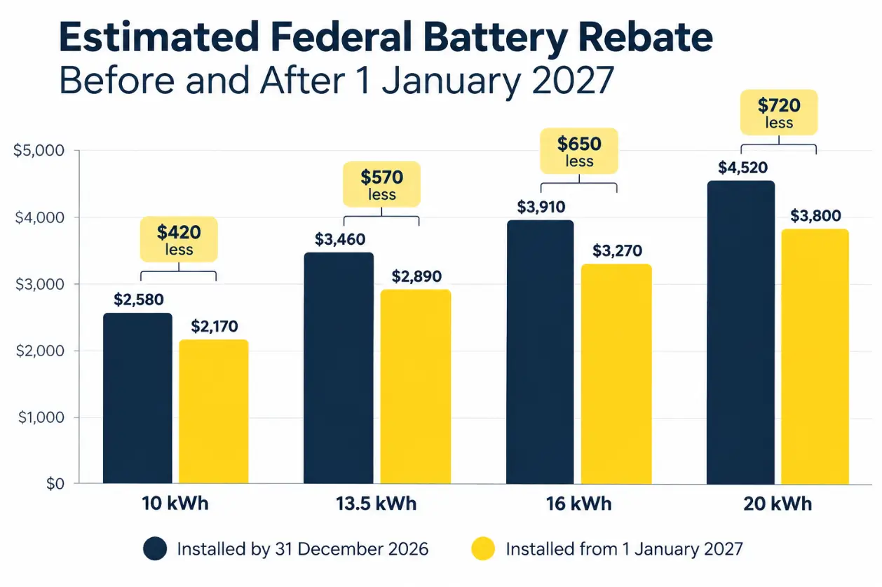 Bar chart of the estimated federal battery rebate for 10, 13.5, 16 and 20 kWh batteries installed by 31 December 2026 compared with from 1 January 2027