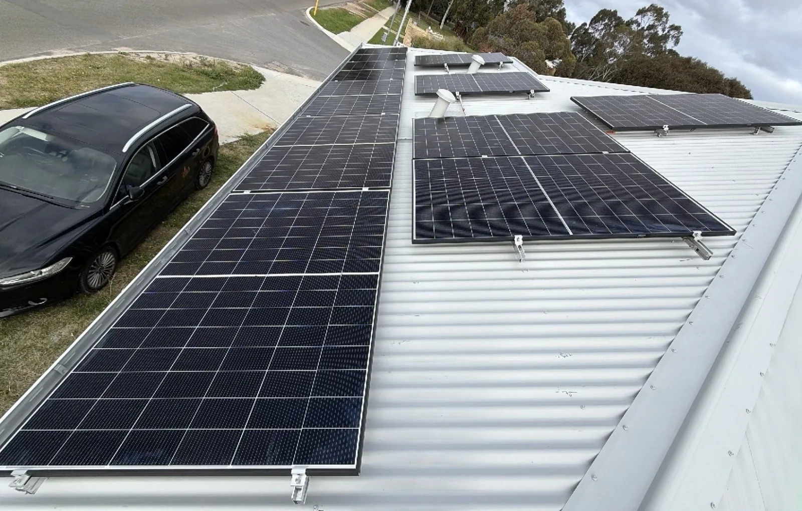 Solar panels on the street-facing roof of a newer Dayton home