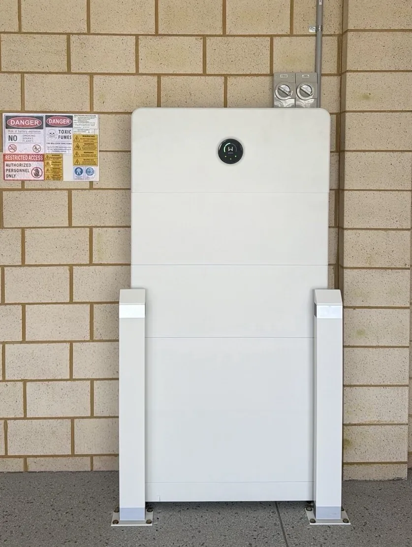 GoodWe ESA 33.28kWh battery between two bollards in a Jindalee garage