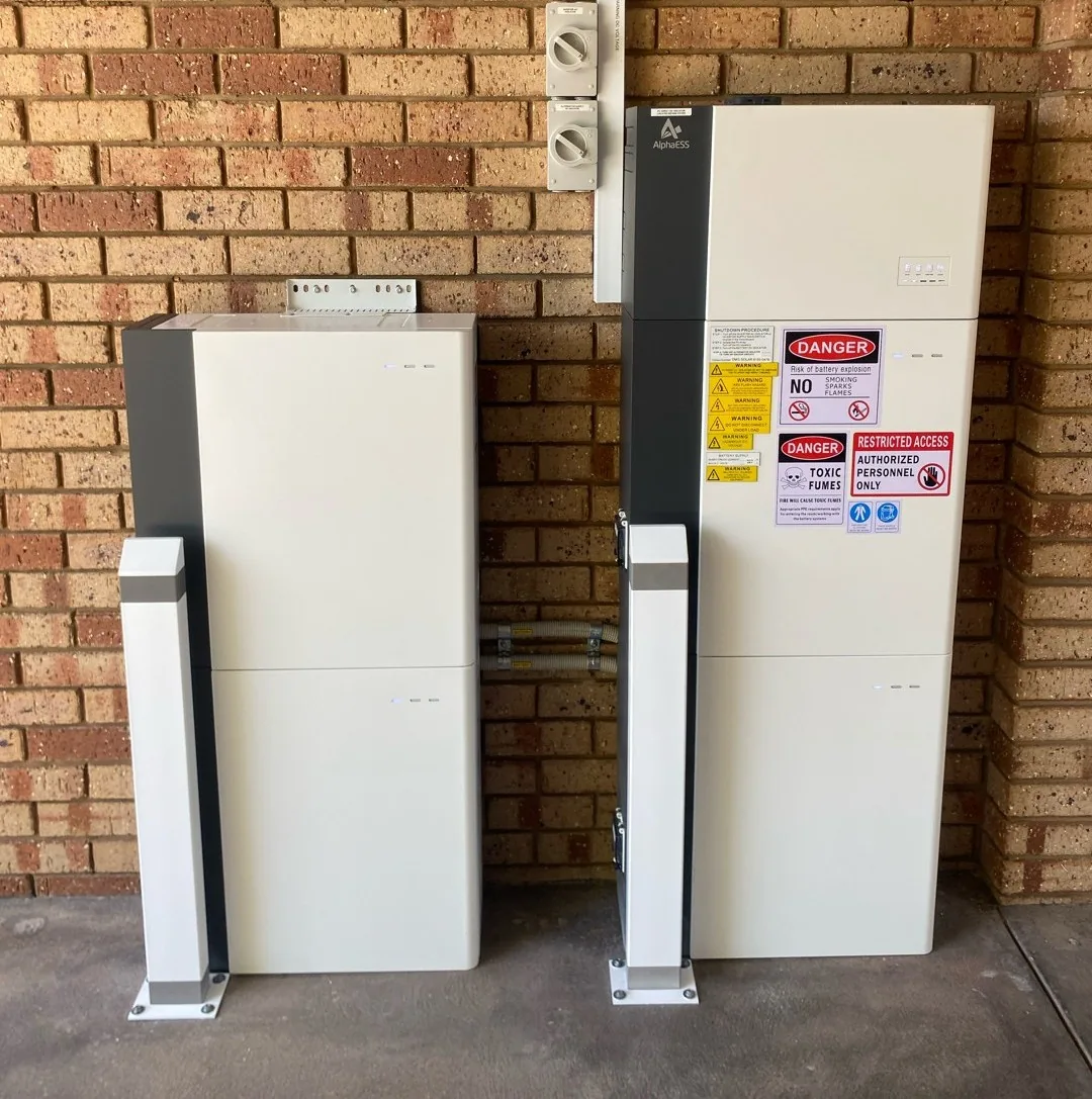 Two AlphaESS SMILE-G3 battery cabinets with safety bollards in Willetton