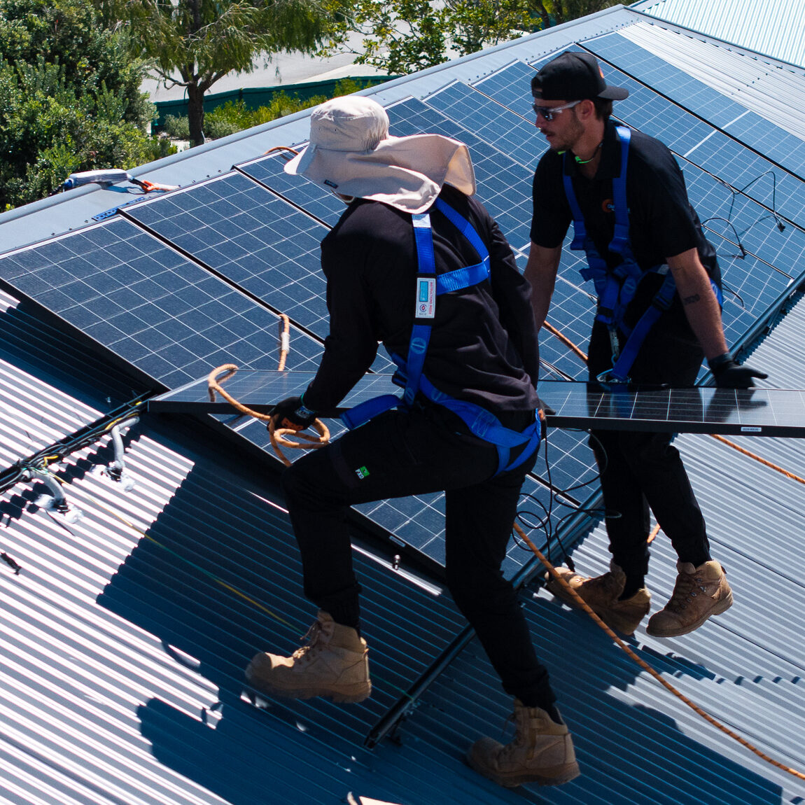 Two workers wearing safety gear and harnesses install residential solar systems on a metal rooftop, surrounded by tools and equipment, with trees visible in the background.